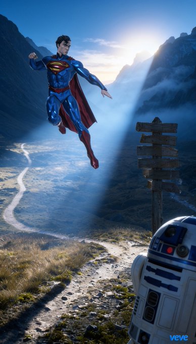 A digital artwork from VeVe showing Superman flying through a mountainous landscape toward R2-D2 from Star Wars, illuminated by a beam of sunlight.