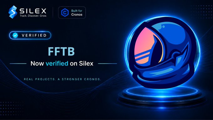Promotional banner from Silex announcing 'FFTB Now verified on Silex' with a 'Built for Cronos' badge and an astronaut helmet graphic.
