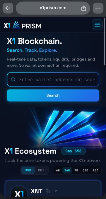 A mobile screenshot displays the x1prism.com website, featuring a dark-themed blockchain explorer interface with 'X1 Blockchain. Search. Track. Explore.' and an 'X1 Ecosystem' section showing XNT price data.