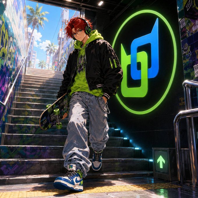An anime-style illustration of a red-haired character in a green hoodie and black bomber jacket holding a skateboard, standing next to stairs with a glowing green and blue neon sign.