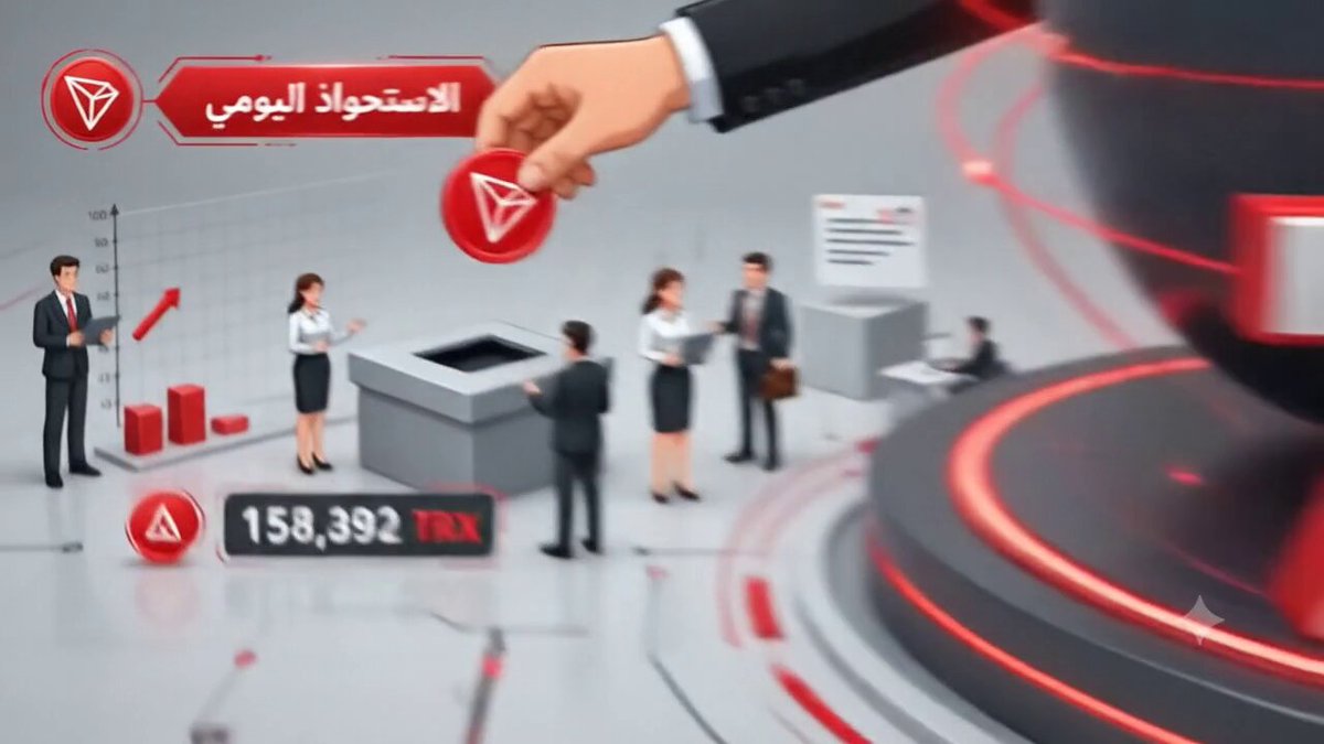 The image shows a large black round clock with red numbers indicating 12:30. The background features several people dressed in business attire gathered around an abstract figure of a man holding a microphone, suggesting that they are attending a conference or gathering related to finance or business matters. In the corner of the scene is text discussing an achievement and financial figures for the TRON network, emphasizing its growth and institutional significance.