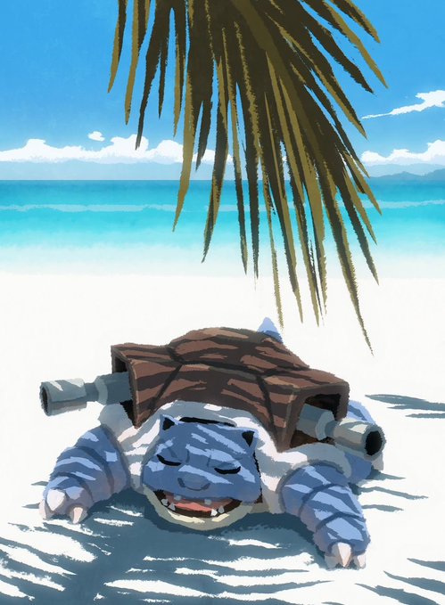 An illustration of Blastoise, a blue turtle-like Pokémon with water cannons on its shell, relaxing on a sunny white sand beach under a palm tree with turquoise ocean in the background.