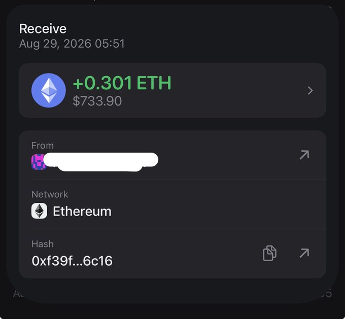 The image shows a crypto wallet notification confirming a received transaction of "+0.301 ETH" (worth $733.90) on the Ethereum network, dated Aug 29, 2026 05:51, with the sender's name redacted and a partial hash "0xf39f...6c16." This aligns with the post celebrating an unexpected ETH receipt as a "good W" for Web3 technology.