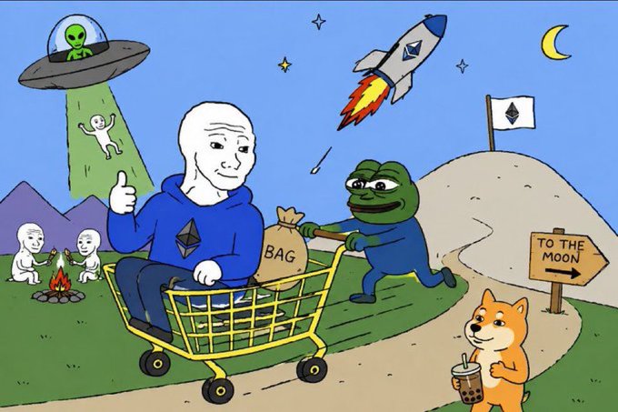 A meme illustration shows a Wojak-style character in a shopping cart being pushed by a Pepe frog, with a UFO abducting a figure, a rocket launching, and a 'TO THE MOON' sign, surrounded by other crypto memetic imagery.