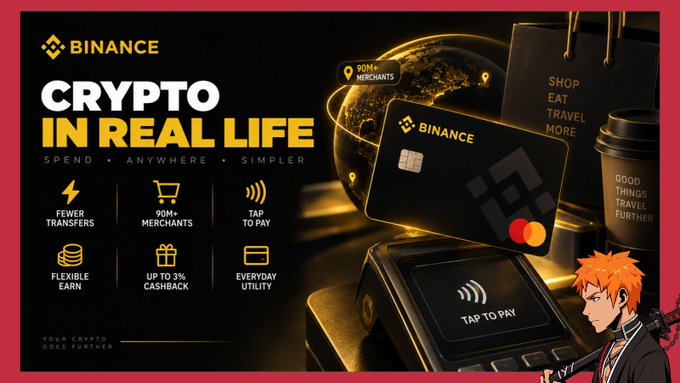 A Binance Card advertisement highlights "CRYPTO IN REAL LIFE" features including 90M+ Merchants, tap-to-pay functionality, fewer transfers, flexible earning, and up to 3% cashback, which aligns with the post's emphasis on simplifying daily crypto spending and everyday utility.