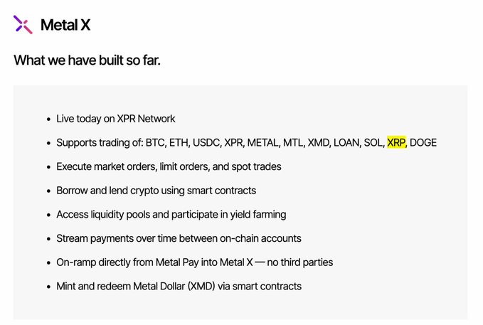 The image features a white background with black text that reads "This Is Exactly Why @MetallicusTDBN Deserves More Attention $XPR $LOAN $METAL $DOGE $BTC $XRP $ETH $SOL $XLM $BNB $COIN $HBAR $USDT $RLUSD @MetalXApp Pay ATTENTION". The image is related to the post about Metal X, as it highlights a specific feature or characteristic of the platform.
