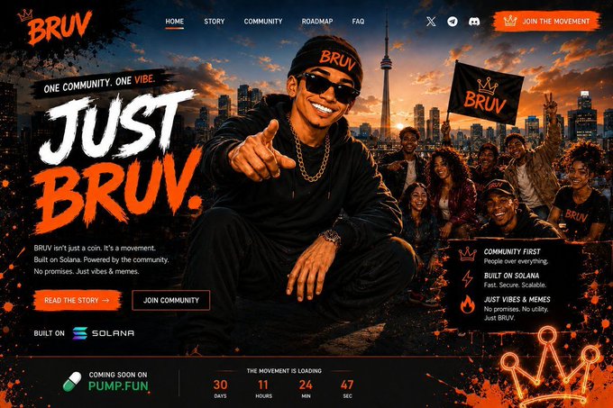 A promotional banner for the BRUV meme coin community displays the tagline "JUST BRUV" alongside a central figure in a black "BRUV" cap pointing forward, with a diverse group of community members behind them and a "BUILT ON SOLANA" badge—visually previewing the new website teased in the post, with a countdown timer showing "30 DAYS, 11 HOURS, 24 MIN, 47 SEC" until launch on Pump.fun.