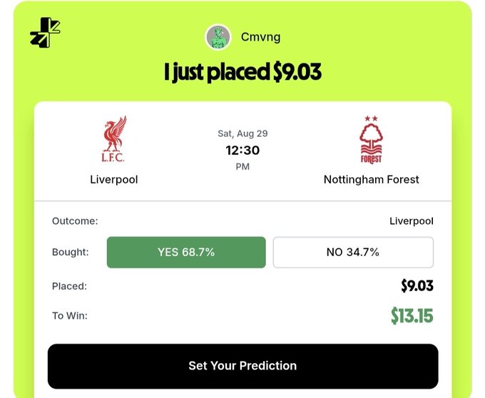 A betting prediction screen showing a wager of $9.03 placed by 'Cmvng' on Liverpool vs Nottingham Forest on Sat, Aug 29 at 12:30 PM, with YES at 68.7% and NO at 34.7%, to win $13.15.