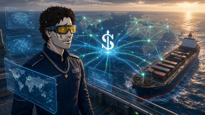 An illustrated man in a dark jacket wearing yellow-tinted AR glasses stands overlooking a glowing digital world map, with a cargo ship and a dollar sign symbol floating above the ocean.