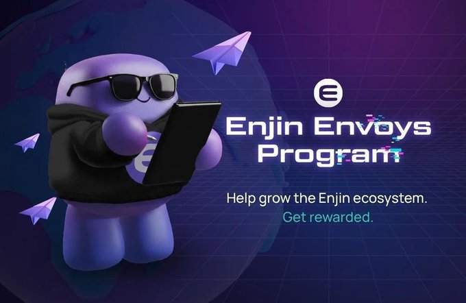 A promotional graphic for the 'Enjin Envoys Program' featuring a 3D purple mascot character wearing sunglasses and a hoodie while holding a tablet, with the tagline 'Help grow the Enjin ecosystem. Get rewarded.'