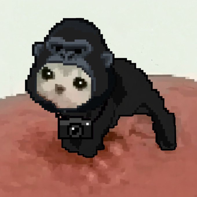 A pixel art of a black gorilla in a hoodie holding a camera, representing one of the NFTs from the Lowqltcat collection mentioned in the post. The gorilla character appears to be one of the NFT pieces the user minted and swept across multiple wallets early on.