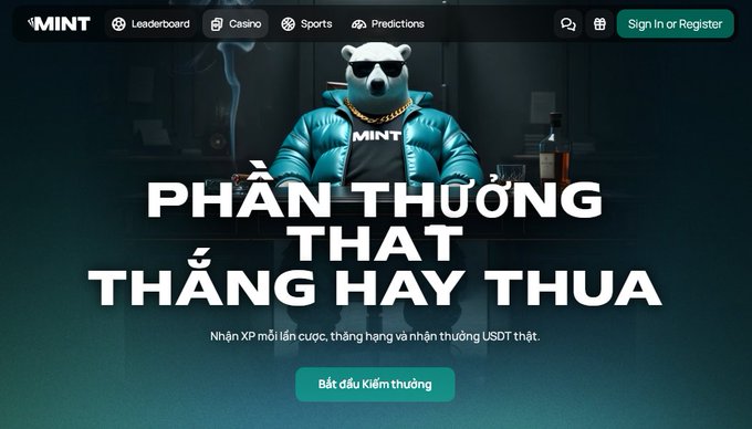 A Vietnamese gambling website called MINT displaying 'PHẦN THƯỞNG THẮNG HAY THUA' (Win or Lose Rewards) with a teal bear mascot wearing sunglasses and a gold chain, offering XP and USDT rewards.