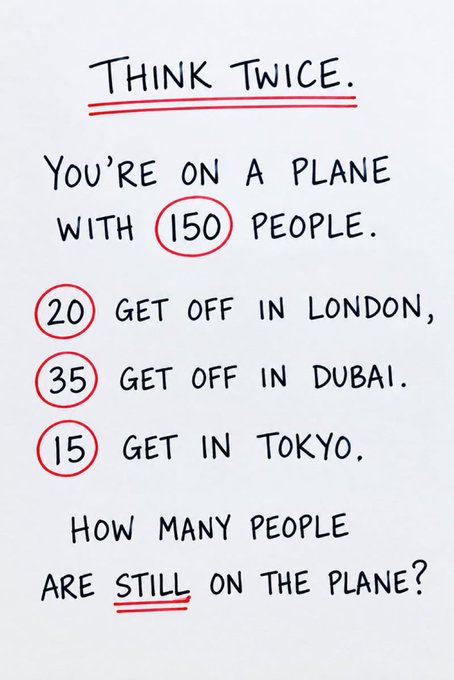 A whiteboard-style puzzle reading: 'THINK TWICE. You're on a plane with 150 people. 20 get off in London, 35 get off in Dubai, 15 get in Tokyo. How many people are still on the plane?'