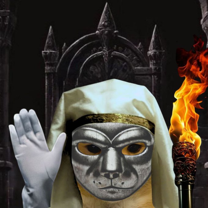 A masked figure in white robes and gloves holds a flaming torch before a gothic arched throne, projecting a mysterious, ceremonial presence. The dramatic imagery visually reinforces the post's cryptic tagline "wif is the next wif," lending it an air of ritualistic significance.