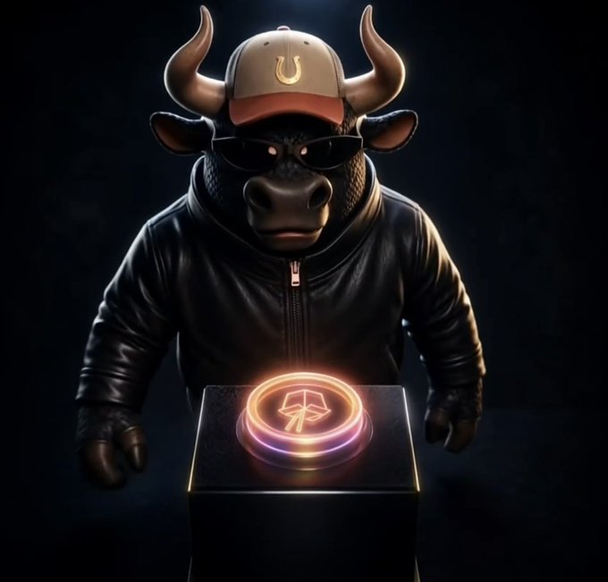 A stylized 3D bull mascot wearing sunglasses and a cap with a "U" logo stands behind a glowing "BULLS" token display, reinforcing the post's play on "staking your Bulls" as a crypto call to action.
