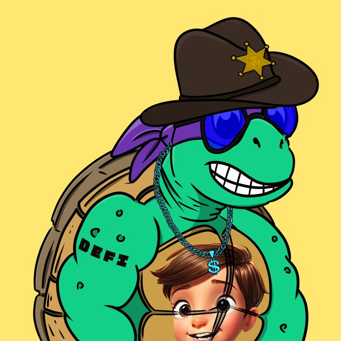 A cartoon image of a green turtle wearing a sheriff's hat, blue sunglasses, and a dollar sign chain with 'DEFI' tattooed on its arm, standing behind a boy with glasses on a yellow background.