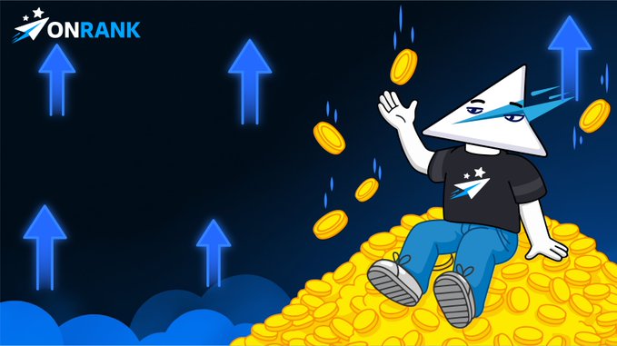 A promotional graphic for 'ONRANK' featuring a cartoon character with a triangular head on a pile of gold coins with blue upward arrows in the background.
