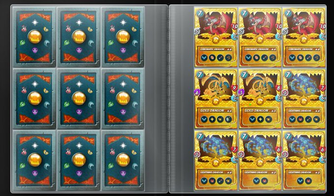 A digital binder display in the game Splinterlands showcases a collection of dragon cards on gold-bordered backgrounds, including three Chromatic Dragons in the top row, three Gold Dragons in the middle, and three Lightning Dragons on the bottom row, all featuring the number 7 in their corners. The left page contains eight empty card slots framed in an ornate teal and gold design with a glowing orange orb in each, illustrating the new Collector Binders feature described in the post.