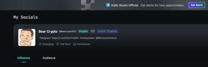 A screenshot of a Kaito Studio social profile showing 'Bear Crypto' (@bearcrypto2021) tagged with Crypto, AI, and Stock Trading categories, displaying a Vietnamese-speaking Telegram channel with 396 followers.