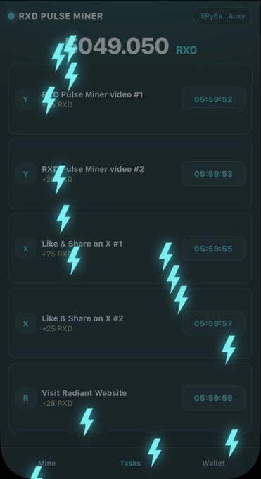 A mobile app screen for "RXD PULSE MINER" showing a balance of 049.050 RXD, a list of mining tasks (videos, likes, shares, website visits) with rewards and timers, and a bottom navigation bar.