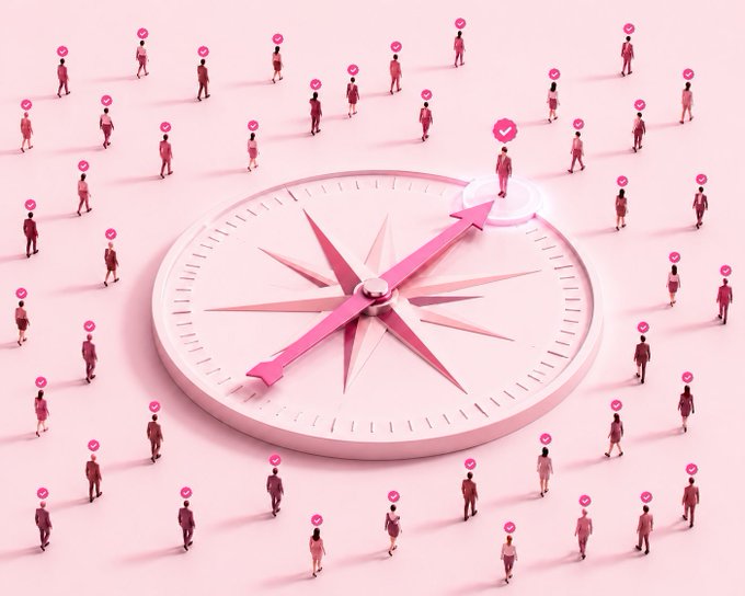 A pink compass with an arrow points toward a highlighted figure marked with a checkmark among a crowd of people with identical icons above their heads, symbolizing the discovery of a "verified user" amidst many. The image visually reinforces the post's call to follow @cryptohdaily, a verified account, for crypto-related engagement and promotional opportunities.