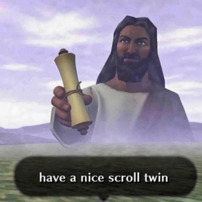 An AI-generated or animated image of Jesus holding out a rolled scroll with the caption 'have a nice scroll twin.'