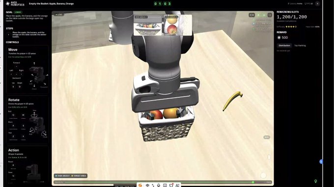 A computer screen displaying a robotics simulation interface titled 'ACS ROBOTICS - Enjoy the Basket! Apple, Banana, Orange,' showing a robotic arm holding a basket of fruit above a wooden table with a banana nearby.