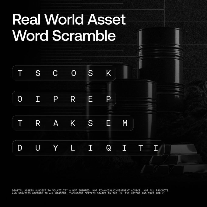 A dark-themed promotional graphic for OKX's "Real World Asset Word Scramble" contest, featuring four scrambled letter rows (TSCOSK, OIPREP, TRAKSEM, DUYLIIQITI) set against black oil barrels and gold bars, inviting followers to unscramble the words and win $500 USDT by retweeting and commenting their answers.
