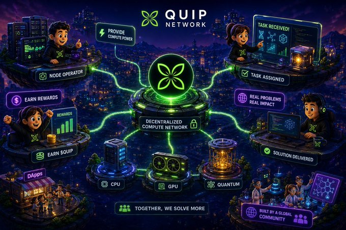 A colorful infographic for 'QUIP NETWORK' depicting a decentralized compute network with cartoon characters illustrating node operators, tasks, rewards, and real-world impact.