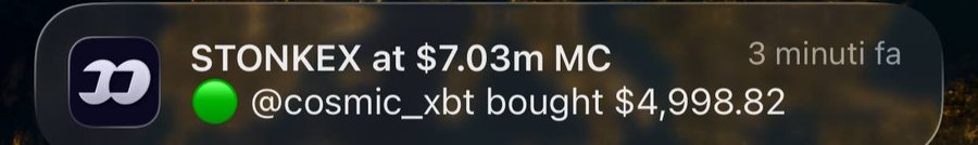 A notification reading 'STONKEX at $7.03m MC @cosmic_xbt bought $4,998.82' displayed from 3 minutes ago.