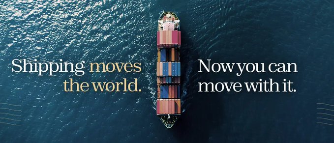 An aerial view of a large cargo ship loaded with colorful containers traveling on the ocean, with white text overlay reading 'Shipping moves the world. Now you can move with it.'