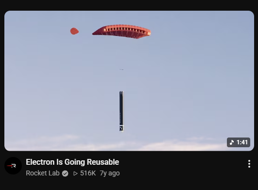 A screenshot of a YouTube video thumbnail titled "Electron Is Going Reusable" by Rocket Lab, showing their Electron rocket descending under an orange and white parachute after launch. The "Mythical timeline pull" caption likely refers to Rocket Lab's announced plan to recover and reuse the Electron booster, which many in the aerospace industry consider an ambitious or challenging timeline to achieve.