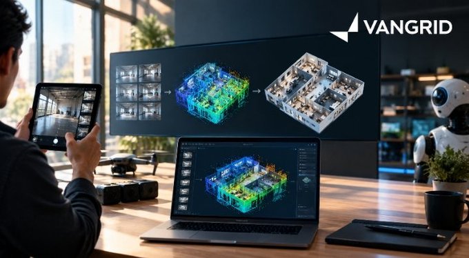 A marketing image for "VANGRID" shows a person using a tablet and laptop to view 3D building/floorplan visualizations, with a robot and drone on the desk.