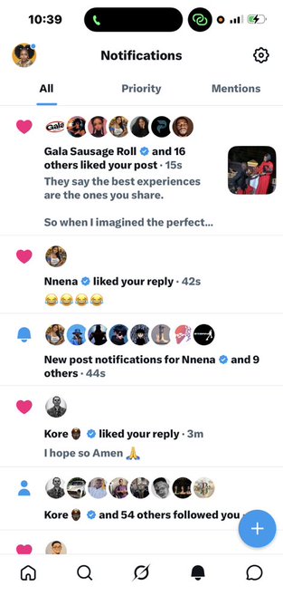 A mobile phone screenshot of social media notifications showing likes, replies, and new followers with timestamps like '15s' and '3m'.