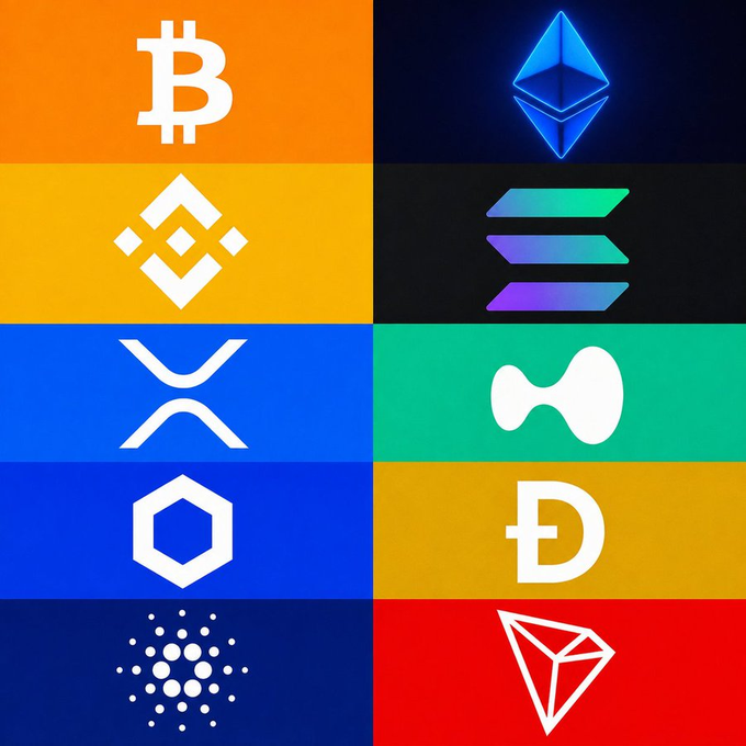A grid of ten cryptocurrency logos on colorful backgrounds, including Bitcoin (orange), Ethereum (black), Binance, Solana, XRP, Sushi, Chainlink, Dogecoin, Cardano, and Tron.