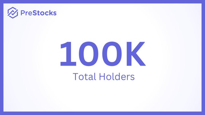 The image is a PreStocks milestone graphic with the text "100K Total Holders," celebrating the platform's achievement of reaching 100,000 holders in just 10 days, highlighting the rapid growth enabled by trading pre-IPO stocks of companies like Anthropic, OpenAI, and Kalshi on Solana.