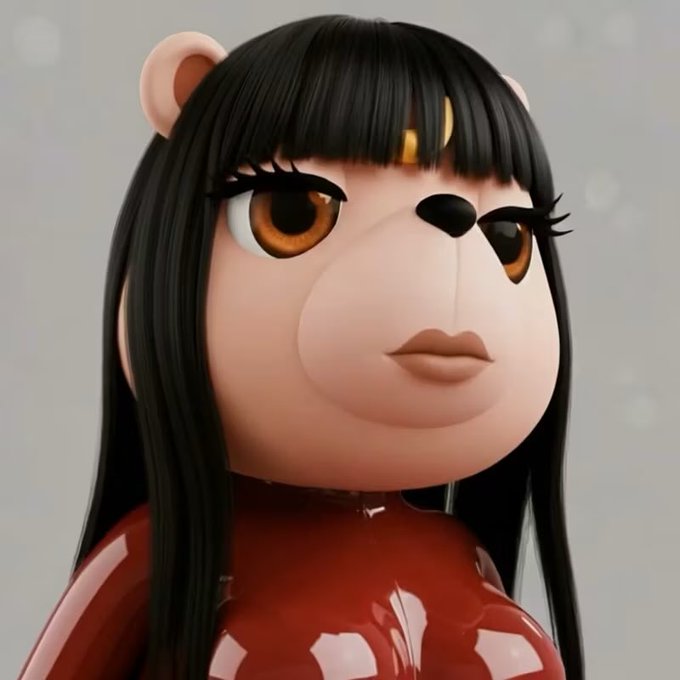 A 3D rendered character combining human-like facial features (brown eyes, long black hair, red lips) with bear-like ears and nose, wearing a glossy red outfit.