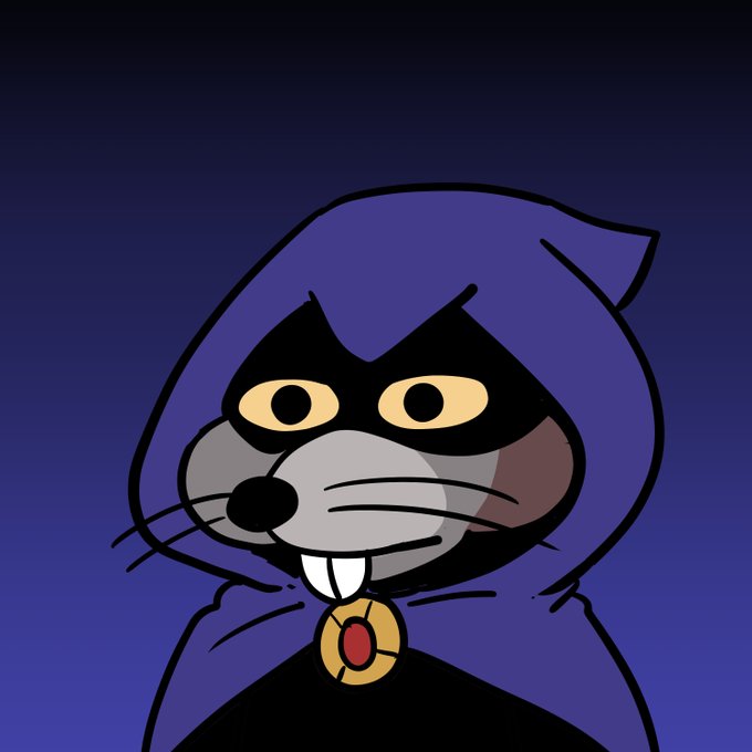 A cartoon illustration of a raccoon-like character wearing a dark purple hooded cloak with glowing yellow eyes, a black mask, whiskers, and a small red gem pendant on its chest against a dark blue gradient background.