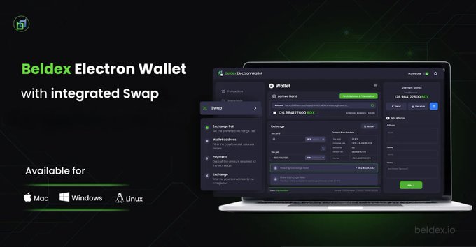 A promotional banner for the Beldex Electron Wallet with integrated Swap, available for Mac, Windows, and Linux, displaying a laptop interface with a James Bond crypto address.