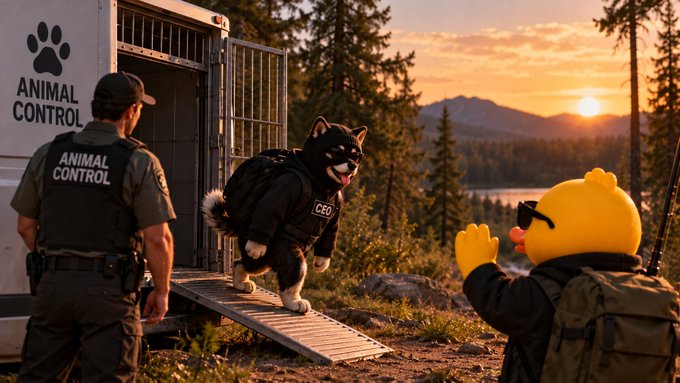 A surreal scene showing an animal control officer and an animal control truck with a husky dog wearing a 'CEO' vest jumping out, while a yellow bird-like figure in tactical gear observes them.