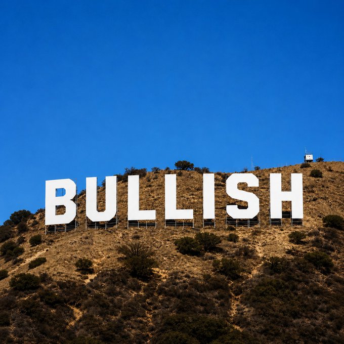 Large white letters spelling "BULLISH" stand prominently along a dry, brush-covered hillside beneath a clear blue sky, with a "READY FOR Septembull?" post playing on the word "bull" to signal market optimism heading into September.