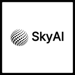 The image displays the SkyAI logo, featuring a dotted sphere design next to the "SkyAI" text, which corresponds to the company formerly known as Sharps Technology that has liquidated its entire Solana treasury to focus on a $223.8 million cash position and a share buyback program.