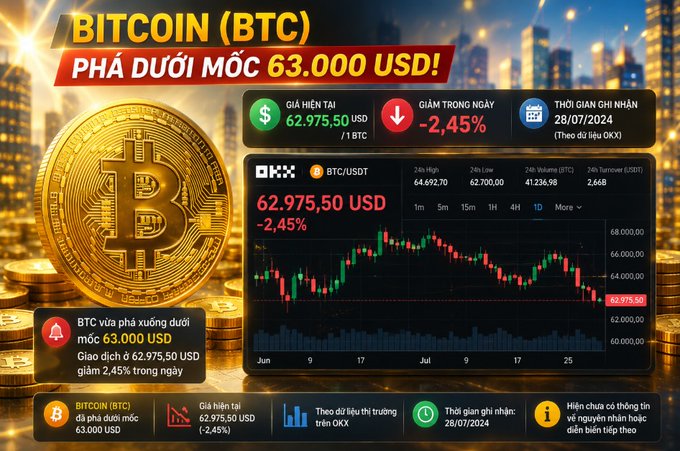 A Bitcoin price chart graphic in Vietnamese showing BTC has dropped below $63,000 USD, with a current price of $62,975.50 USD (-2.45%) as of 28/07/2024 according to OKX exchange data.