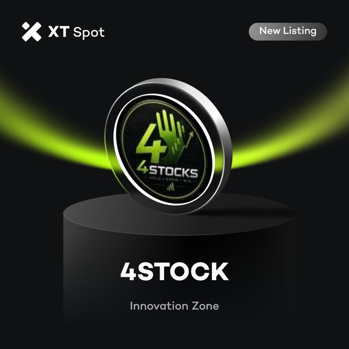 A promotional graphic for 'XT Spot' features a coin labeled '4STOCK' hovering above a black podium with the text '4STOCK Innovation Zone,' and a 'New Listing' badge in the top right corner.