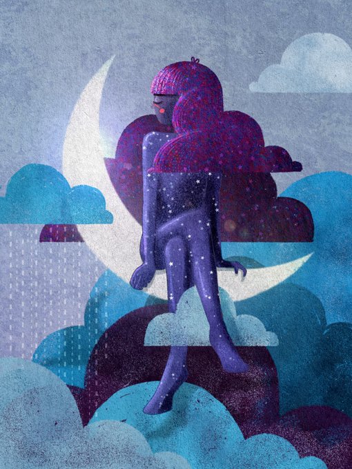 A dreamy, textured digital illustration of a purple-skinned figure with pink hair and a beanie sitting on a crescent moon, surrounded by stylized clouds and a starry night sky.