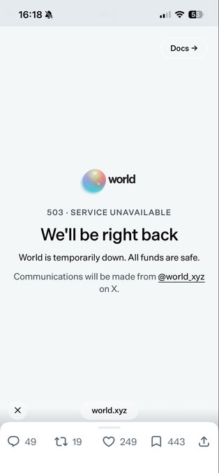 A screenshot shows a '503 - SERVICE UNAVAILABLE' error page from 'world.xyz' with the message 'We'll be right back'.