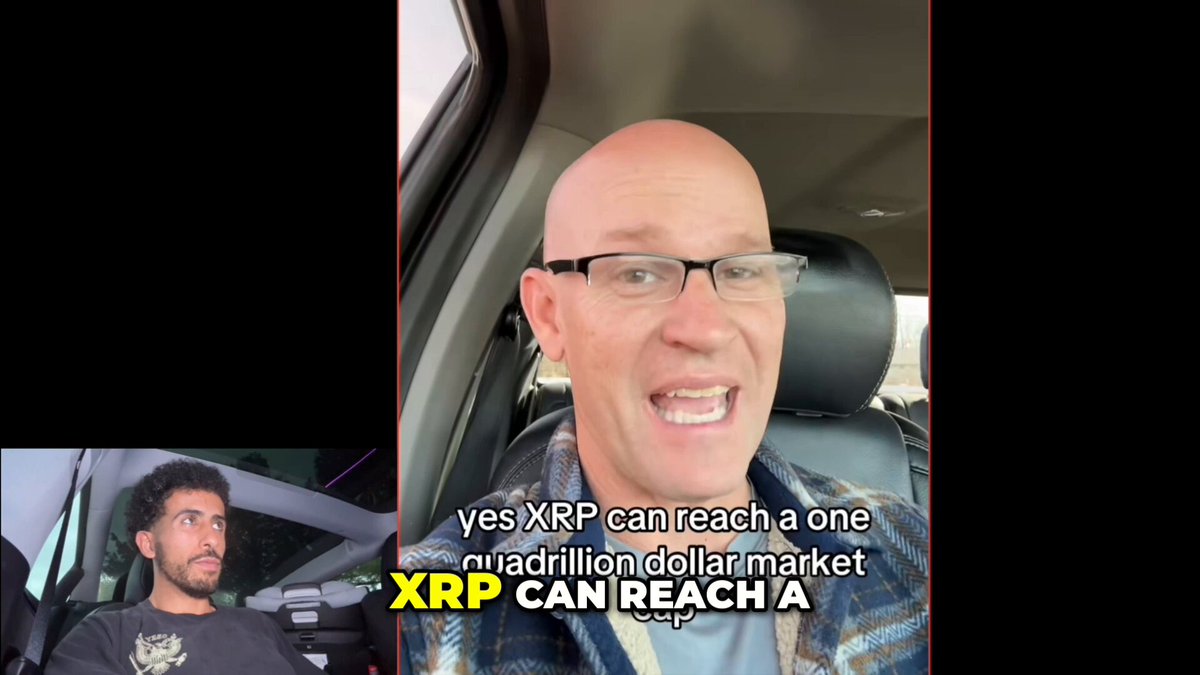 The image features two people sitting inside a car as they watch something on a video screen that shows an advertisement about the cryptocurrency XRP. The advertisement suggests that XRP can reach a value of $10,000 per coin or potentially hit a market cap of one quadrillion (one trillion). The post also mentions that several XRP holders are already anticipating this scenario. This conversation between the two men in the car could be discussing their investment strategies, whether to buy XRP, or they might have differing views on the cryptocurrency's potential growth and impact on the financial market.