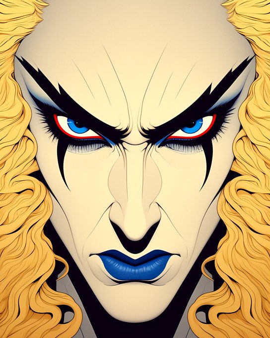 A stylized illustrated portrait of a stern, androgynous figure with flowing golden hair, bold black eyebrows, intense blue eyes with red lining, and dark blue lips, conveying a fierce and commanding presence. The dramatic, intense gaze of the character mirrors the post's tone of assertive conviction, emphasizing the importance of real-world operational experience behind the @EthraShip protocol rather than just tokenization hype.