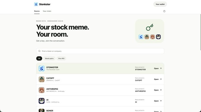 The image shows the homepage of Stonkster, a "stock meme chat room" platform launched via Testflight, featuring a search bar and ticker tags like $STONKSTER, $CATGPT, $ANTHROPIQ, and $AI. It directly showcases the "Your stock meme. Your room." concept from the post, letting users join token-based chat rooms tied to public companies and meme stocks.