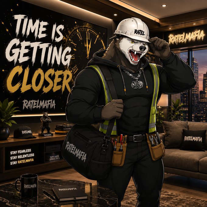 An illustration of an anthropomorphic bear wearing a hard hat, hoodie, and tool belt with "RATELMAFIA" branding, alongside the text "TIME IS GETTING CLOSER RATELMAFIA".